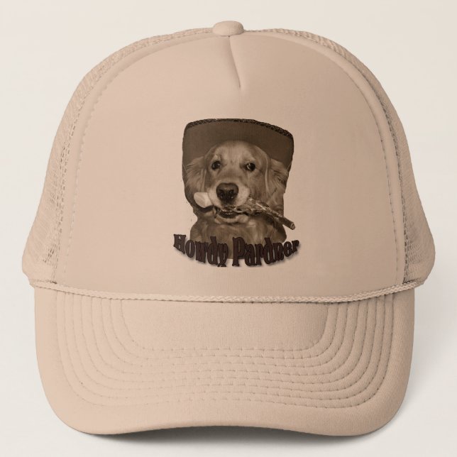 Howdy Pardner Golden Retriever Cowboy Truckerkappe (Vorderseite)