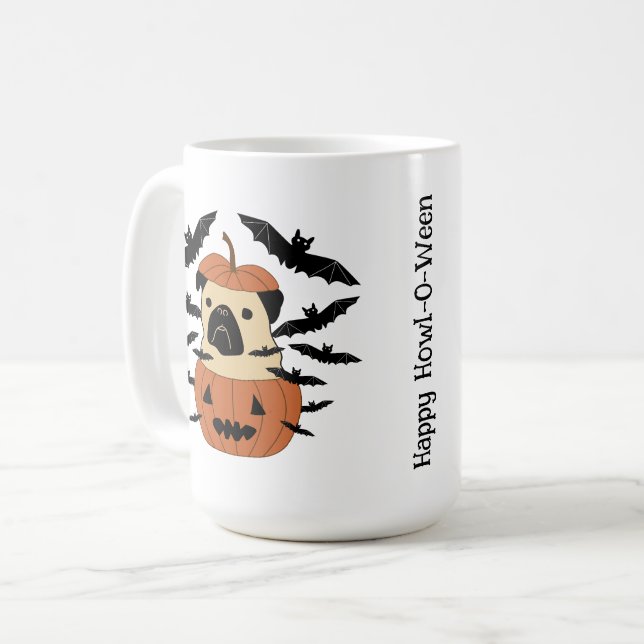 Howl-O-Ween-Mops in einem Jack-O-Lantern mit Flede Kaffeetasse (Vorderseite Links)