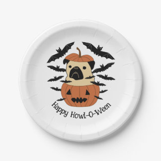 Howl-O-Ween-Mops in einem Jack-O-Lantern mit Flede Pappteller
