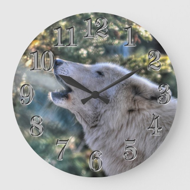 Howling Arctic Gray Wolf Portrait Große Wanduhr (Vorderseite)