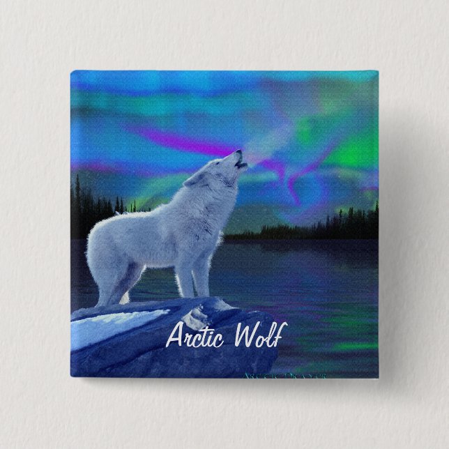 Howling Arctic Wolf & Aurora Wildlife Art Abzeiche Button (Vorderseite)