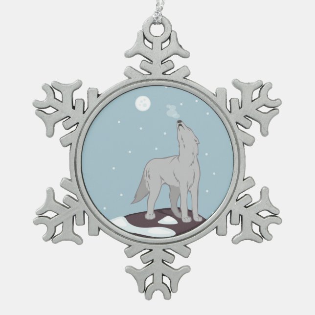 Howling Arctic Wolf Schneeflocken Zinn-Ornament (Vorderseite)