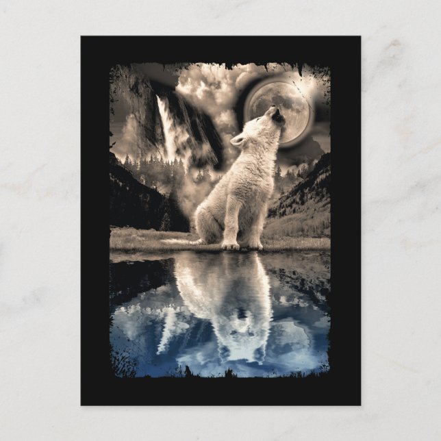 Howling Baby Wolf Moon Mirror Adult Wolf Lover Postkarte (Vorderseite)
