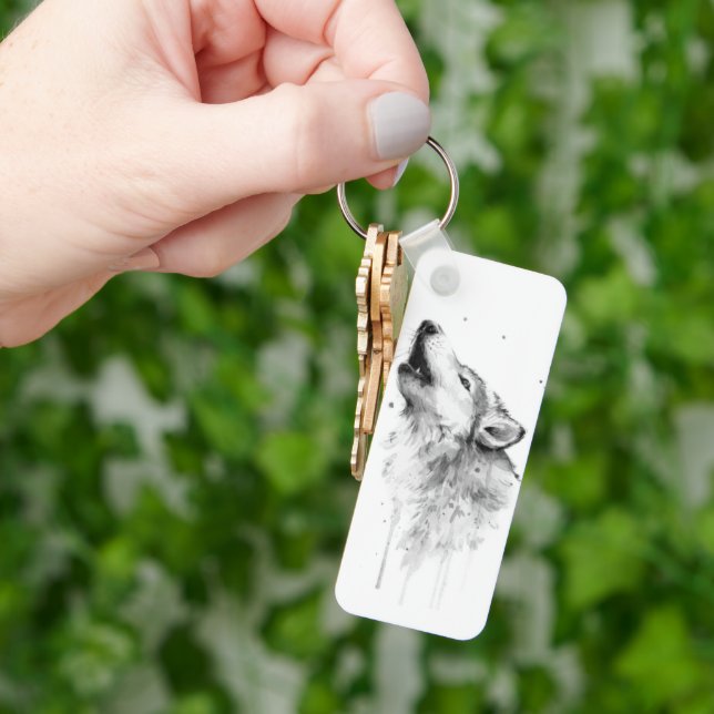 Howling Grauer Wolf im Aquarellmalstil Schlüsselanhänger (Hand)