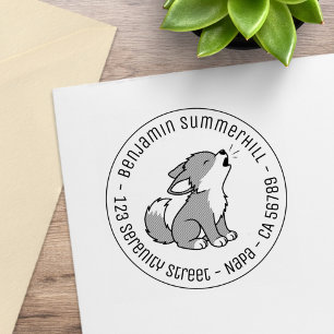 Howling Grey Wolf Pup Round Address Gummistempel