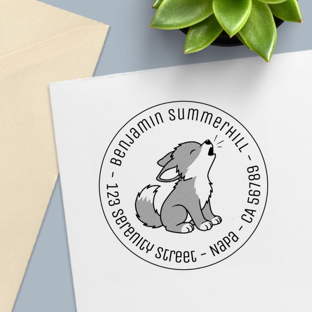 Howling Grey Wolf Pup Round Address Permastempel (Von Creator hochgeladen)