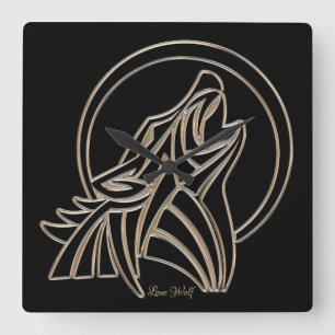 Howling Lone Wolf Elegant Black Silver Gray Quadratische Wanduhr