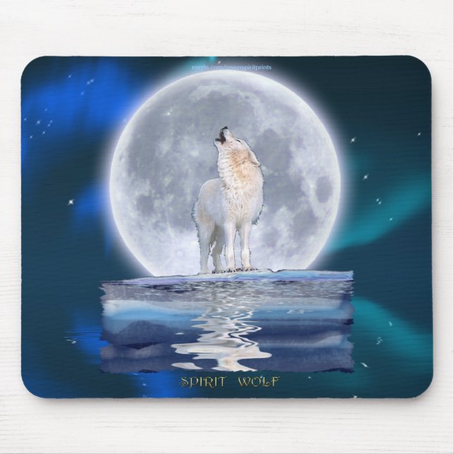 Howling White Wolf & Moon Wildlife Fantasy Mousepad (Vorne)
