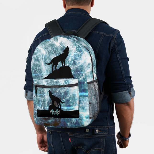 Howling Wolf abstrakt Aqua Blue Monogram Bedruckter Rucksack (Insitu (Modell))