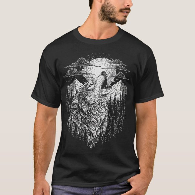 Howling Wolf and Moon Line Art T-Shirt (Vorderseite)