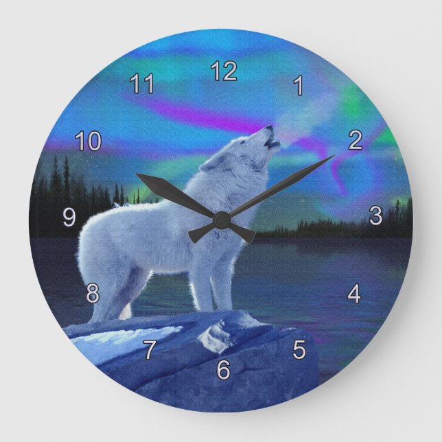 Howling Wolf & Aurora Naturerlebnis Schlemmerparad Große Wanduhr (Vorderseite)