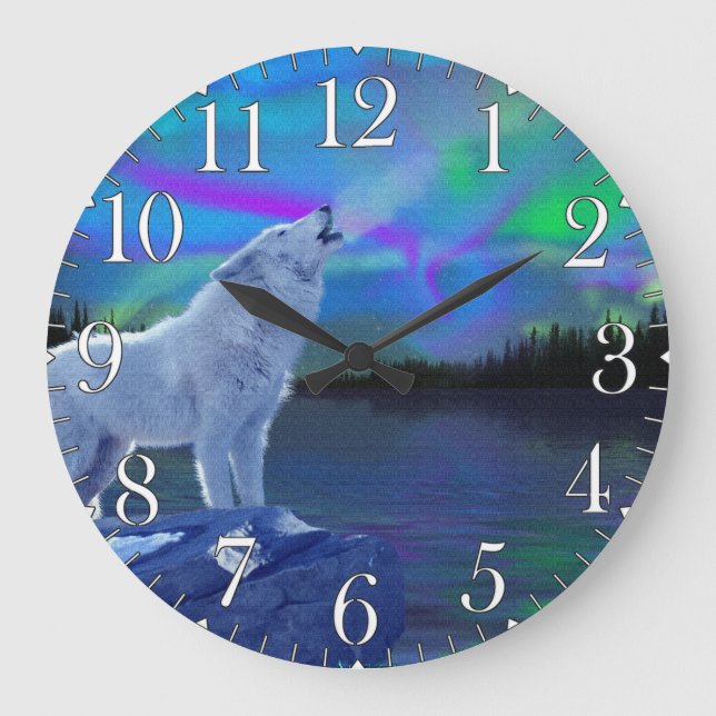 Howling Wolf & Aurora Naturerlebnis Schlemmerparad Große Wanduhr (Vorderseite)