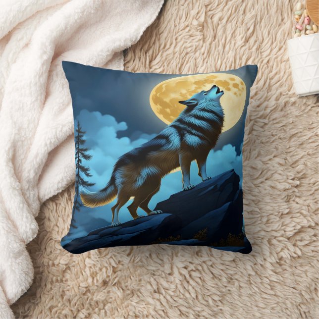 Howling Wolf Beneath Bright Vollmond Kissen (Decke)