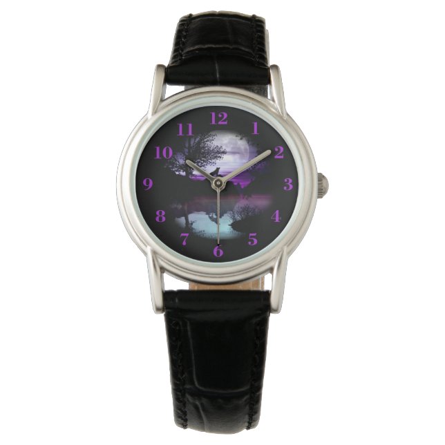 Howling Wolf Lila Graue Himmelswasserszene Armbanduhr (Vorderseite)