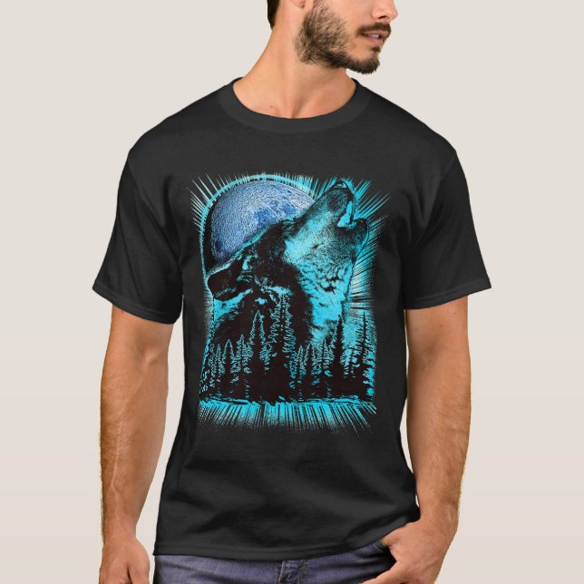 Howling Wolf Moon Pine Forest Art T-Shirt (Vorderseite)