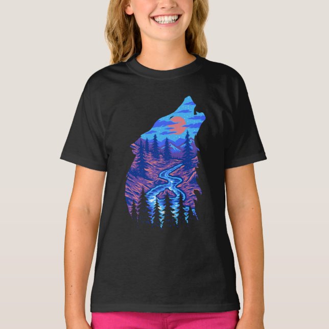 Howling Wolf Silhouette Forest River Landschaft T-Shirt (Vorderseite)
