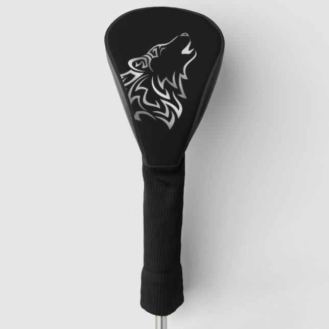 Howling Wolf Tribal | Schwarz und Silber Golf Headcover (Vorderseite)