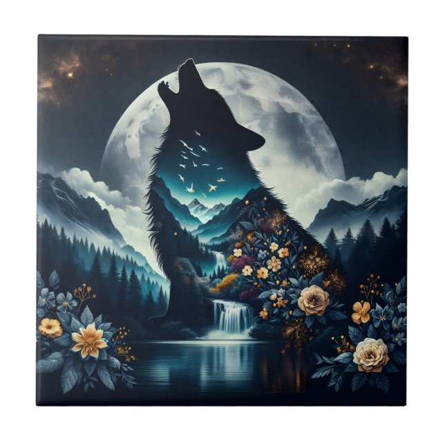 Howling Wolf | Vollmond Ai Art Fliese (Vorderseite)