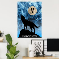 Howling Wolf Vollmond blau schwarz Custom Monogram