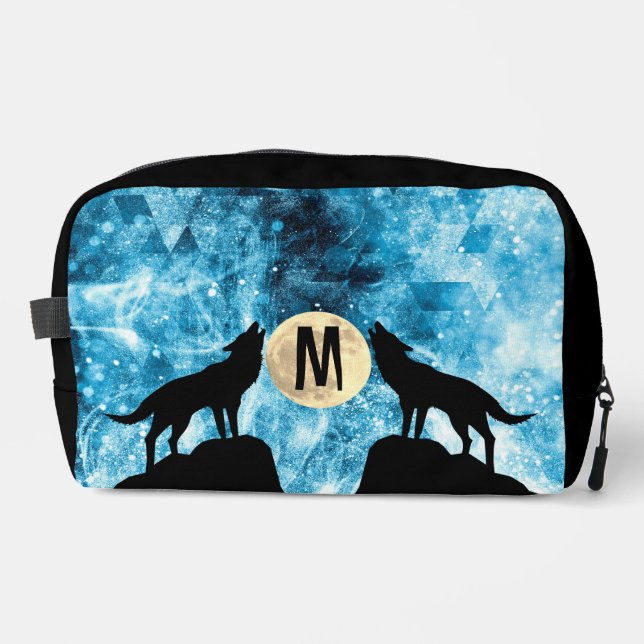 Howling Wolf Vollmond blau schwarz Custom Monogram Waschbeutel (Vorderseite)