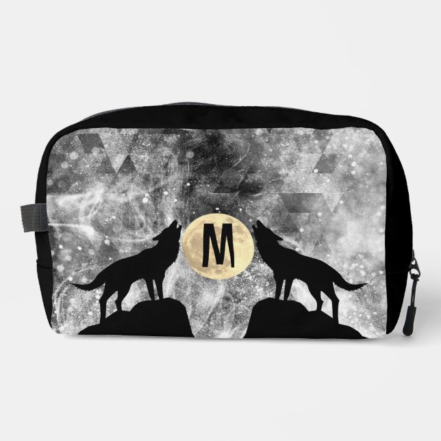 Howling Wolf Vollmond Schwarz-weißes Monogramm Waschbeutel (Vorderseite)
