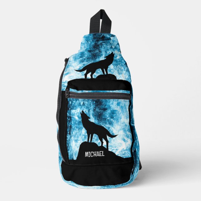 Howling Wolf Winter schneeblauer Individuelle Name Crossbody Bag (Vorderseite)