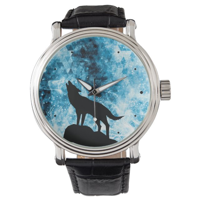Howling Wolf Winter schneeblauer Rauch Abstrakt Armbanduhr (Vorderseite)