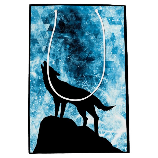Howling Wolf Winter schneeblauer Rauch Abstrakt Mittlere Geschenktüte (Vorderseite)