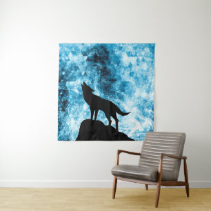 Howling Wolf Winter schneeblauer Rauch Abstrakt Wandteppich