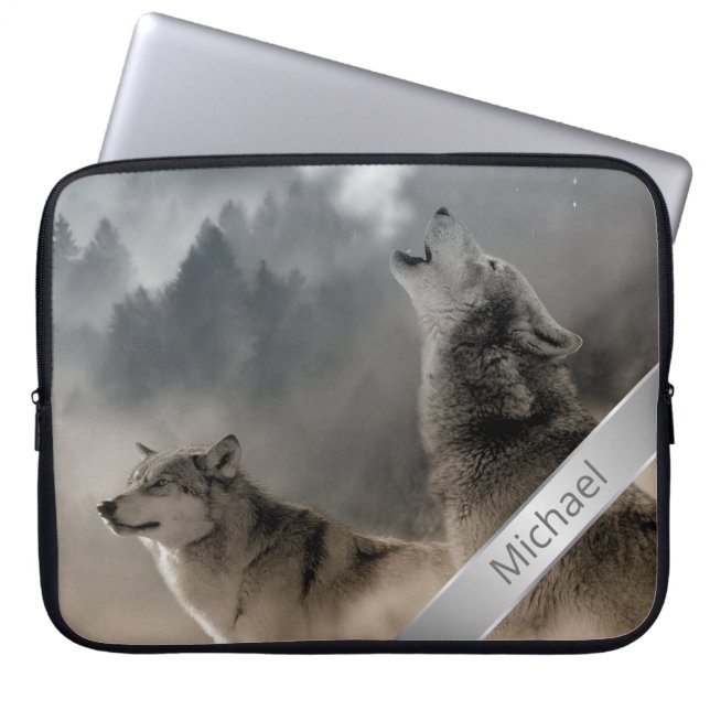 Howling Wolves Foto Monogram Laptop Sleeve (Vorderseite)