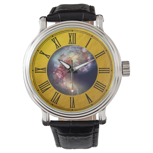 Hubble- & Antennengalaxien 2 - Weltraum / Gold Armbanduhr (Vorderseite)