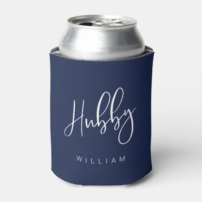 Hubby Calligraphy Navy Blue Name & Monogram Dosenkühler (Kanne Vorderseite)