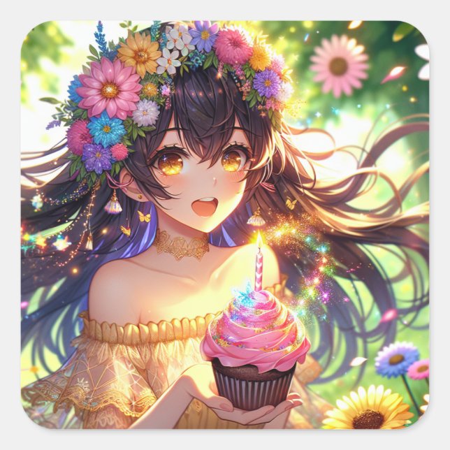 Hübsch Anime Birthday Girl Quadratischer Aufkleber (Vorderseite)