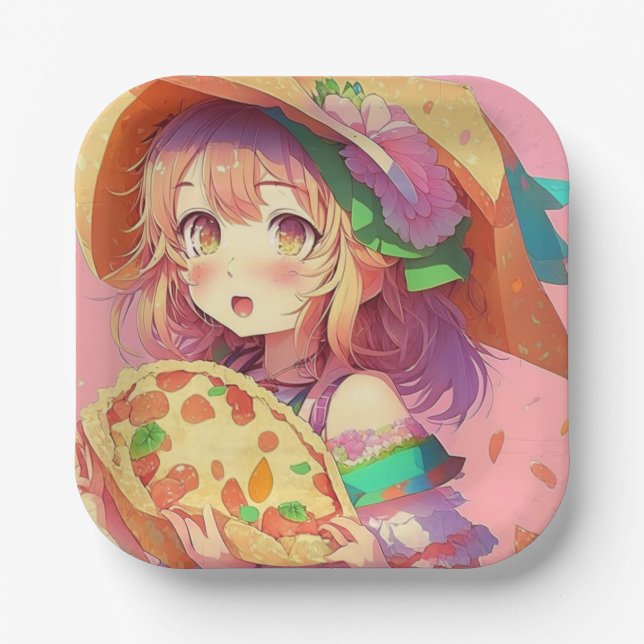 Hübsch Anime Girl Holding a Pizza Pappteller (Vorderseite)