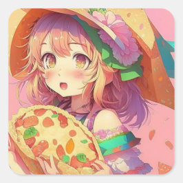 Hübsch Anime Girl Holding a Pizza Quadratischer Aufkleber