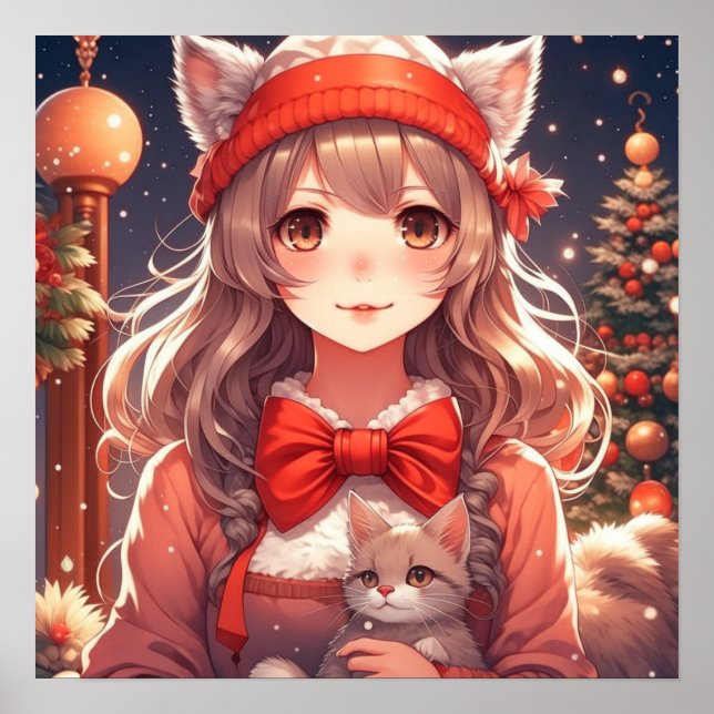 Hübsch Anime Girl Holding Kitten Weihnachten Poster (Vorne)