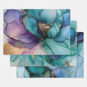 Hübsch Aqua Blau Lila Gold floral Geschenkpapier Set