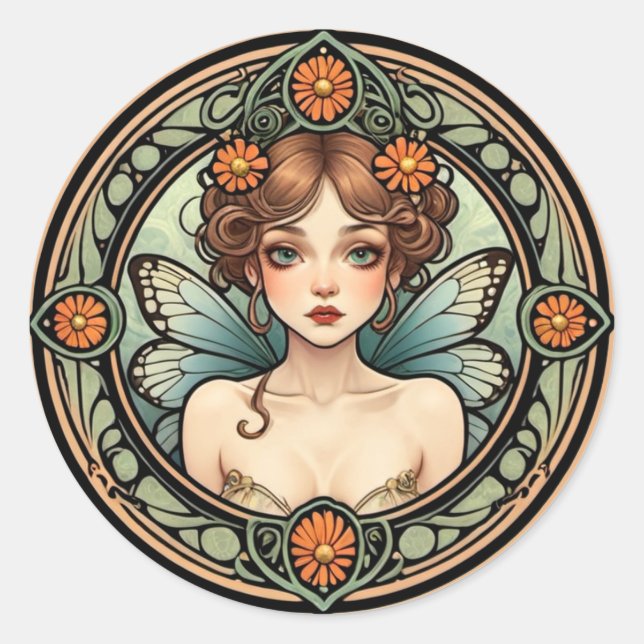 Hübsch Art Nouveau Fairy Runder Aufkleber (Vorderseite)