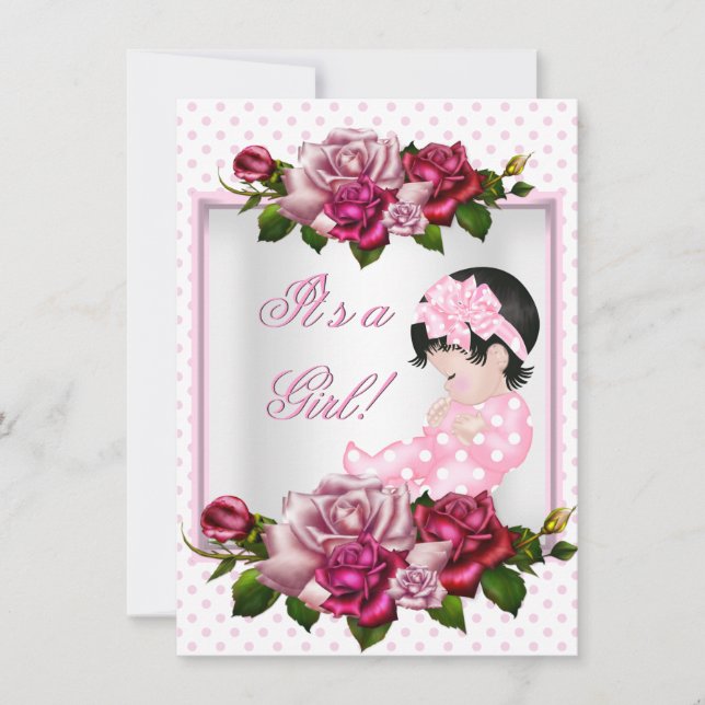 Hübsch Baby Dusche Niedlich Girl Pink Roses Polka  Einladung (Vorderseite)