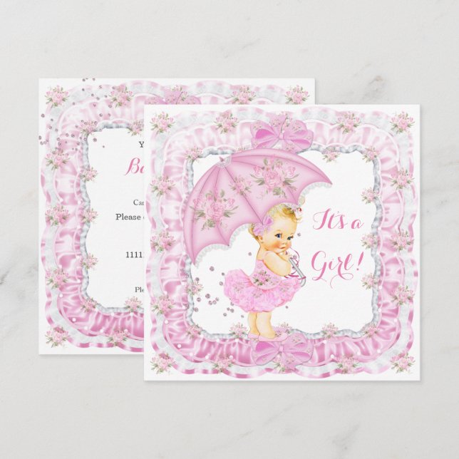 Hübsch Baby Shower Girl Blumenrosa Blonde Einladung (Vorne/Hinten)