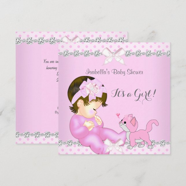 Hübsch Baby Shower Girl Pink Polka Dot Kitten 2 Einladung (Vorne/Hinten)