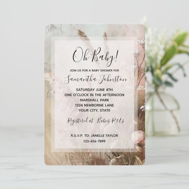 Hübsch Beige Blush Boho Bloral Baby Dusche Einladung (Stehend Vorderseite)