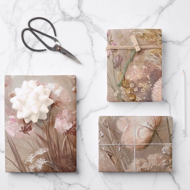 Hübsch Beige Blush Boho Floral Geschenkpapier Set (Vorderseite)
