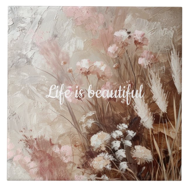 Hübsch Beige Blush Pink Boho Floral Fliese (Vorderseite)