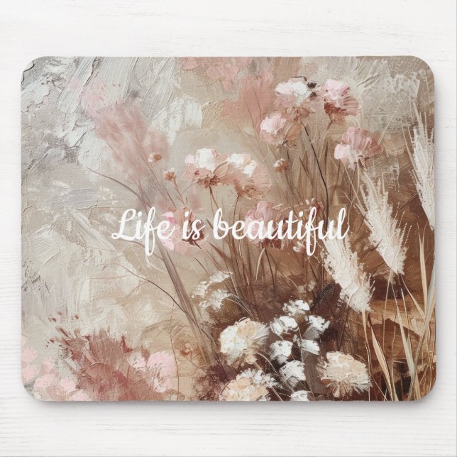 Hübsch Beige Blush Pink Boho Floral Mousepad (Vorne)