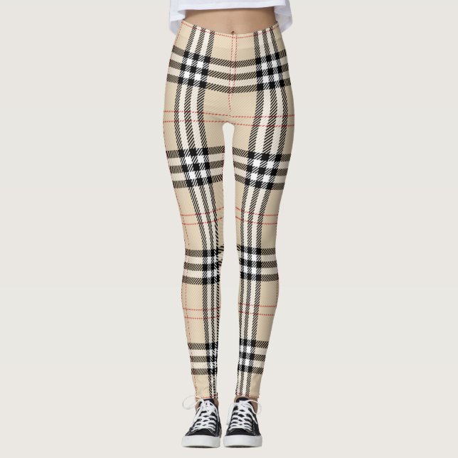Hübsch Beige Kariert Tartan Leggings (Vorderseite)