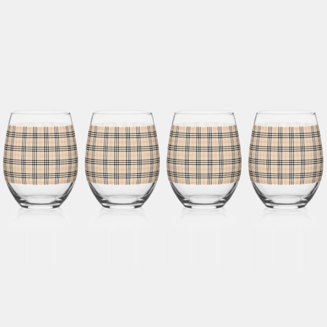 Hübsch Beige Kariert Tartan Weinglas Ohne Stiel (Vorderseite)