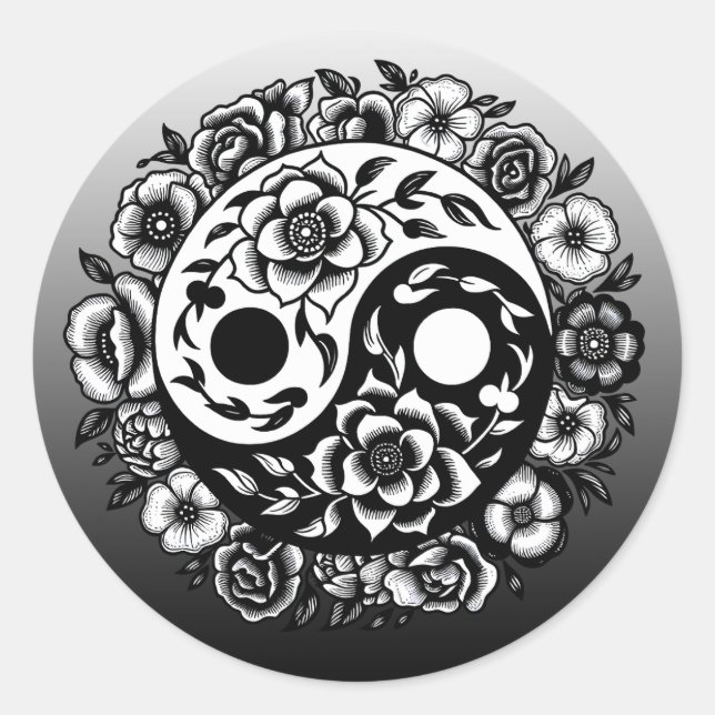 Hübsch Black and White Floral Yang Yang Runder Aufkleber (Vorderseite)