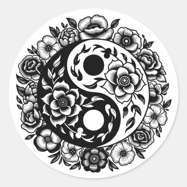 Hübsch Black and White Floral Yang Yang Runder Aufkleber (Vorderseite)