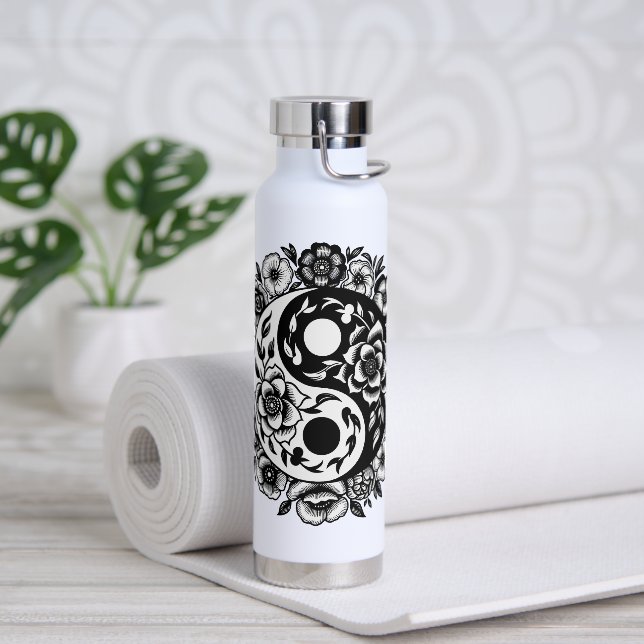 Hübsch Black and White Floral Yang Yang Trinkflasche (Yoga)